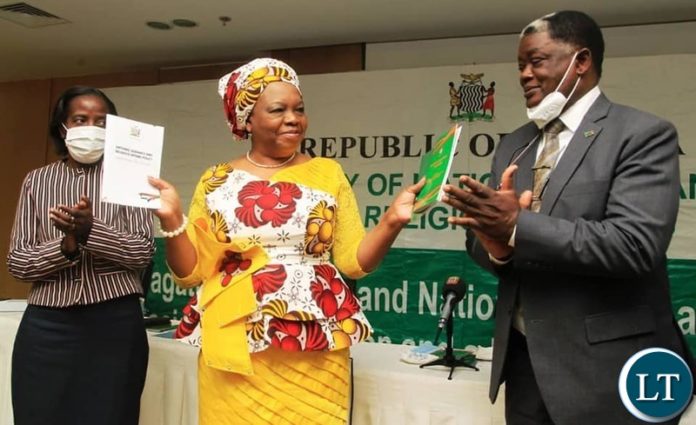 Minister of National Guidance and Religious affairs Hon. Rev. Mrs Godfridah Sumaili with her Permanent Secretary during the launch of the National Guidance and Religious Affairs policy, Minister of National Guidance and Religious affairs Hon. Rev. Mrs Godfridah Sumaili with her Permanent Secretary during the launch of the National Guidance and Religious Affairs policy,