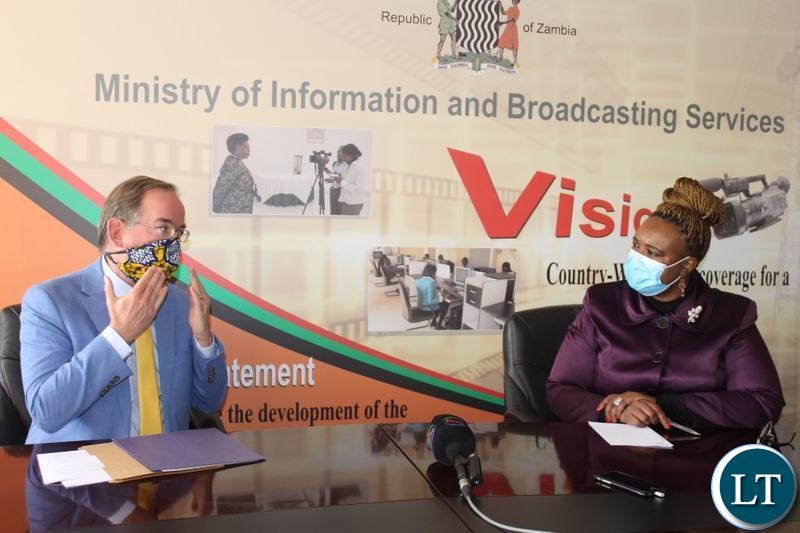 Chargè d’ Affaire ad interim at the United States Embassy in Zambia David Young at a media Briefing with Information Minister Dora Siliya