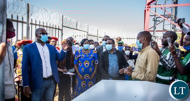 Transport and Communications Minister Mutotye Kafwaya inspects the newly launched communication tower at Ndoka Primary School in Kalabo