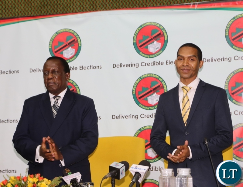 Electoral Commission of Zambia Chief Electoral Officer Patrick Nshindano with Electoral Commission of Zambia Chairperson Judge Esau Chulu during the launch of online voter registration at Mulungushi International Conference center