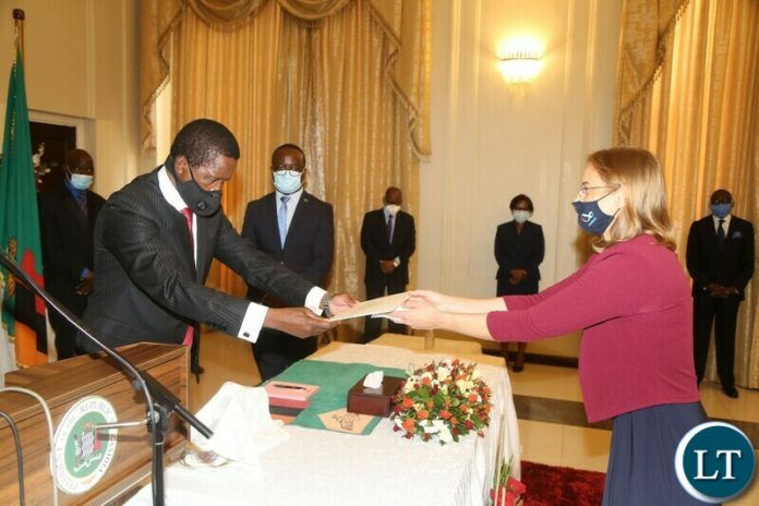President Edgar Lungu receives a letter of credence from Germany Ambassador to Zambia Wagner-Mitchell at State House President Edgar Lungu receives a letter of credence from Germany Ambassador to Zambia Wagner-Mitchell at State House