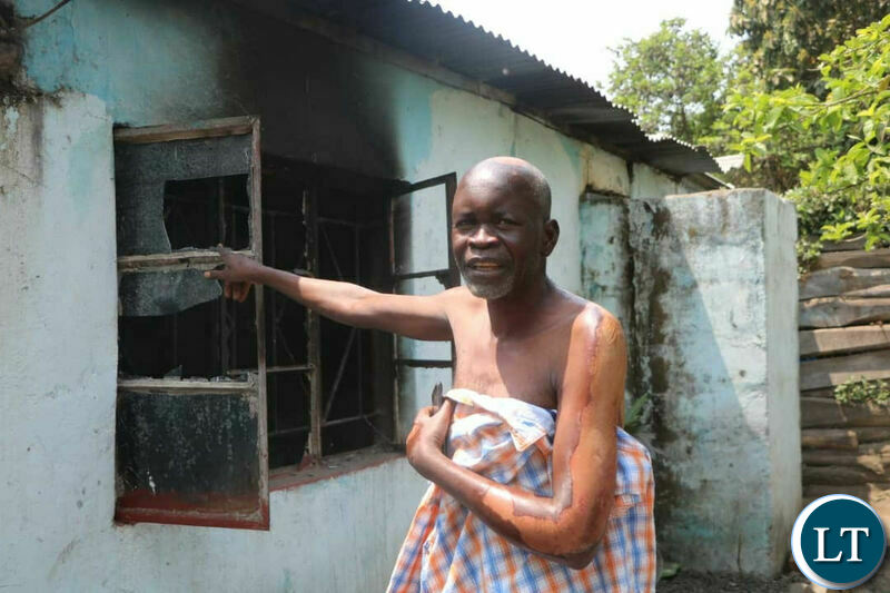 UPND Muchinga ward 24 Trustee Peter Kalyata outside his Petrol Bombed House