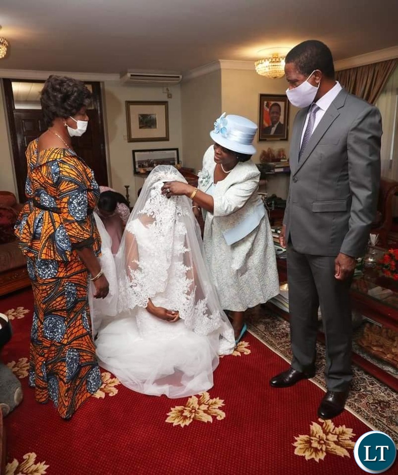 Edgar  Lungu and Mrs Esther Lungu prepare to give out their daughter's hand in marriage to  Patrick Mwansa at this afternoon' Weeding Ceremony