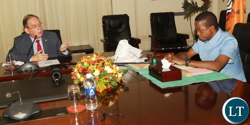 U.S Embassy Charge'd'Affaires, David Young addresses President Edgar Lungu when he paid a courtesy call on him, where the U.S Government's commitment to implement a five- year k39 billion ($1.9 billion) development strategy for Zambia was made at State House. Picture by SUNDAY BWALYA/ZANIS