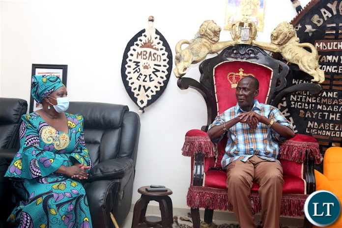 First Lady Esther Lungu pays a Courtesy call on Paramount Chief Mpezeni at Ependukeni palace in Chipata.The First Lady will be the guest of honour at the 50th Anniversary of the Catholic Theresian Sisters in Zambia-Pictures by THOMAS NSAMA First Lady Esther Lungu pays a Courtesy call on Paramount Chief Mpezeni at Ependukeni palace in Chipata.The First Lady will be the guest of honour at the 50th Anniversary of the Catholic Theresian Sisters in Zambia-Pictures by THOMAS NSAMA