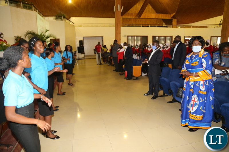 Vice President Inonge Wina singing to with UCZ st Andrews Chair during the thanks giving church service at St Andrews Church. October 27, 2020. Picture by ROYD SIBAJENE/ZANIS