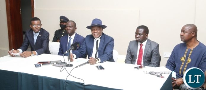 Cosmo Mumba President National Revolution Party, Wright Musoni Zambia Republican Party, Danny Pule President Christian Democratic Party, Peter Chanda President New Congress Party and Robert Mwanza President Citizen Democratic Party during a media briefing at chrismer hotel yesterday. October 26, 2020. Picture by ROYD SIBAJENE/ZANIS