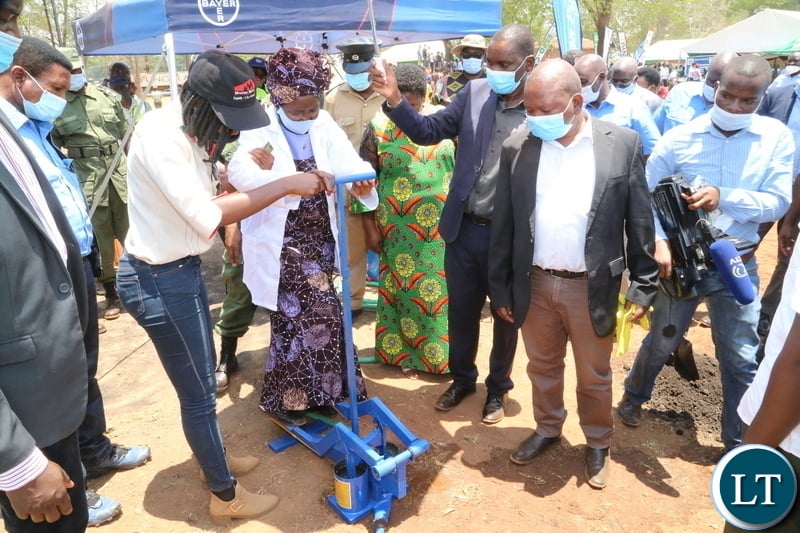 Vice President Inonge Wina pumping water using a trendor pump during the launch of Msekera Regional Soils Laboratory in Chipata District. Saturday 17, 2020. Picture by ROYD SIBAJENE/ZANIS