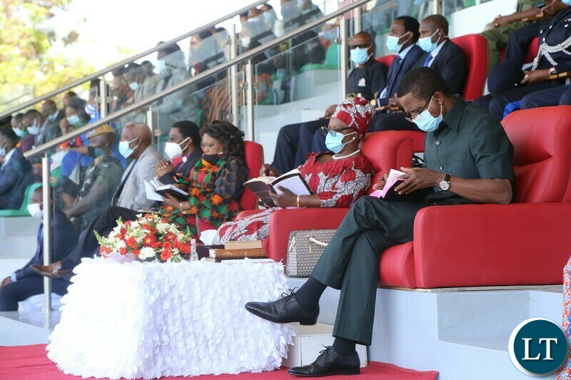 President Edgar Lungu with First Lady Esther Lungu reading Bible's during the commemoration of the National Day of Prayer,Fasting and reconciliation in the Show Grounds yesterday