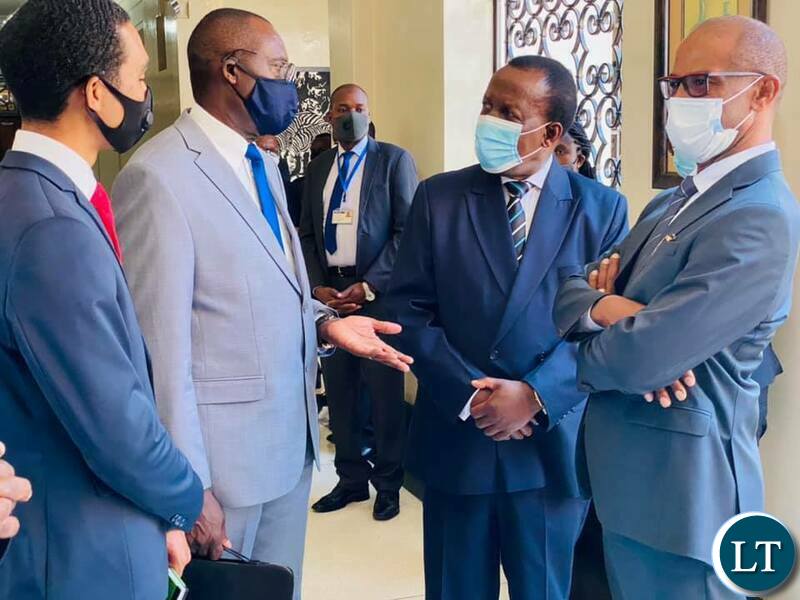 From right to left: Bank of Zambia Governor Christopher Mphanza Mvunga, Electoral Commission of Zambia Chairperson Esau Chulu, Finance Minister Dr Bwalya Ng’andu and Electoral Commission of Zambia Chief Electoral Officer Patrick Nshindano after the swearing-in ceremony at State House today Tuesday, 6 October, 2020