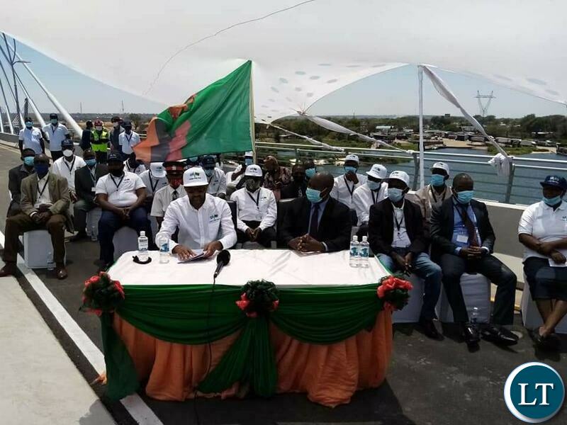 Housing and Infrastructure Development Minister Vincent Mwale and his Botswana counterpart Thulangano Segokgo at the final inspection of the Kazungual Bridge