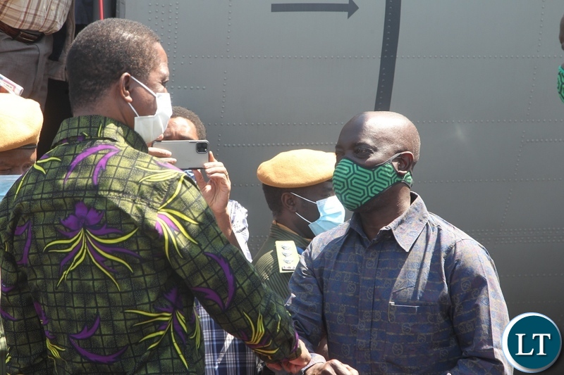 President Edgar Lungu at welcomed by Luapula Province Minister Nixon Chikangwa on arrival at Mansa Airport