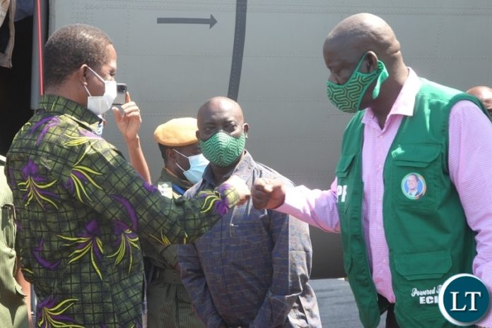 President Edgar Lungu is welcomed by PF party officials on arrival at Mansa Airport