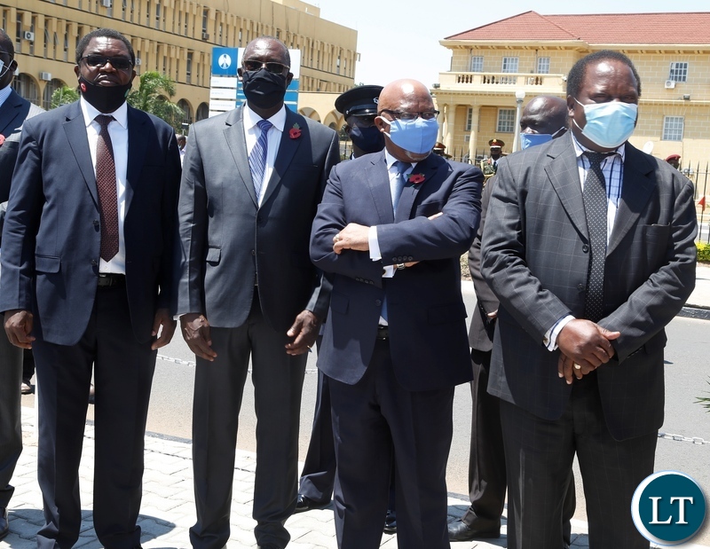 From (right) Former Vice Presidents Enock Kavindele, Nevers Mumba and two Cabinet Ministers Bwalya Ngandu, Finance and Joseph Malanji of Foreign Affairs during the remembrance day at the National Cenotaph in Lusaka. Picture by SUNDAY BWALYA/ZANIS