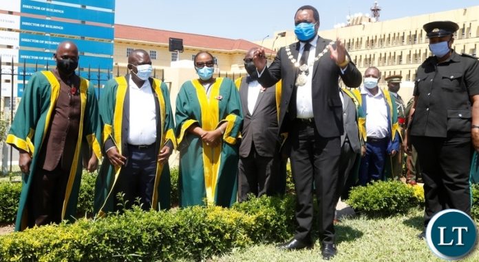 Lusaka City Council Councillors pose for a picture with Lusaka Mayor Miles Sampa during the remembrance day at the National Cenotaph in Lusaka. Picture by SUNDAY BWALYA/ZANIS