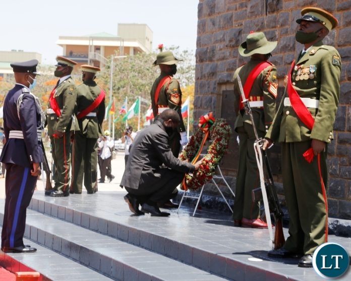 President Edgar Lungu lays a wreath at the national Cenotaph during the remembrance day in Lusaka. The day is observed annually to remember the fallen heroes who fought in the first and second world wars.Picture by SUNDAY BWALYA/ZANIS