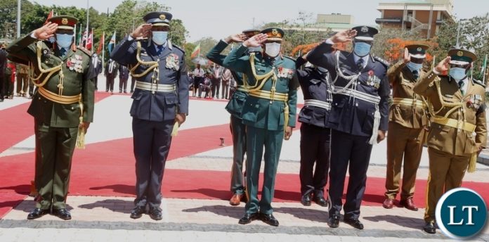 Service Chiefs give salute during the remembrance day at the national Cenotaph in Lusaka. Picture by SUNDAY BWALYA/ZANIS