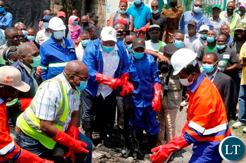 President Edgar Lungu at the drainage clean up exercise in Mandevu Lusaka.