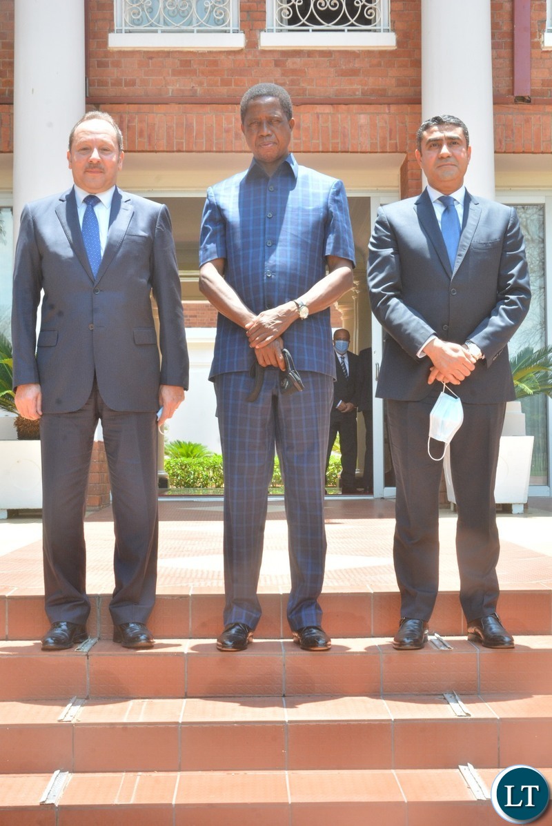President Edgar Lungu pose for a photograph with Egyptian delegation when they paid a courtesy call on him in Lusaka.