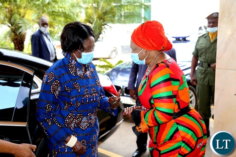 Vice President Inonge Wina being welcomed by Minister of National Guidance and religious affairs Godfridah Sumaili during the commemoration of the declaration of Zambia as a Christian Nation at mulungushi international conference centre yesterday. Tuesday, December 29, 2020. Picture by ROYD SIBAJENE/ZANIS