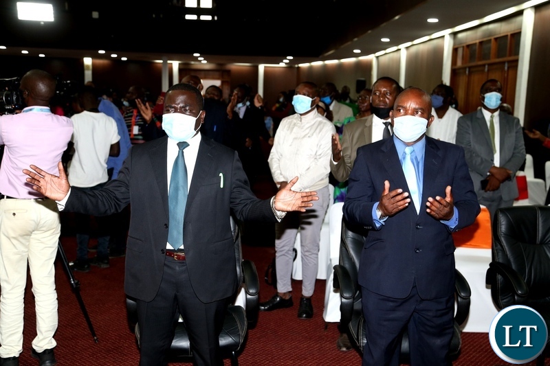 The clergy praying and worship during the commemoration of the declaration of Zambia as a Christian Nation at mulungushi international conference centre yesterday. Tuesday, December 29, 2020. Picture by ROYD SIBAJENE/ZANIS 
