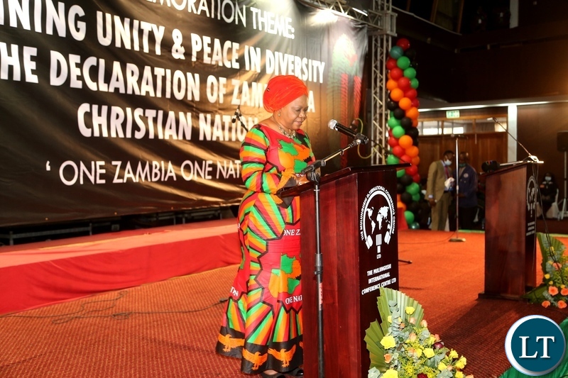 Minister of National Guidance and religious affairs Godfridah Sumaili speaking during the commemoration of the declaration of Zambia as a Christian Nation at mulungushi international conference centre yesterday. Tuesday, December 29, 2020. Picture by ROYD SIBAJENE/ZANIS