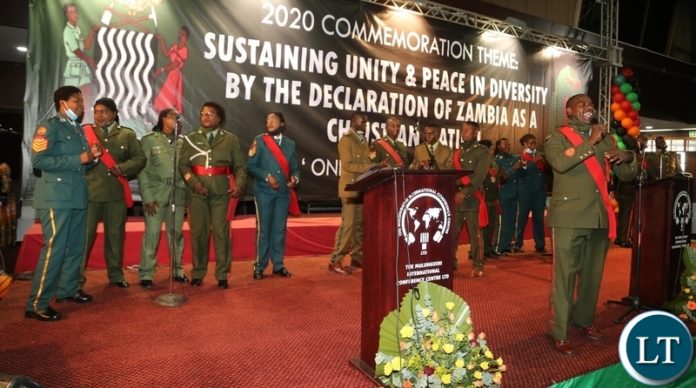 Defence and Security Choir singing during the commemoration of the declaration of Zambia as a Christian Nation at mulungushi international conference centre yesterday. Tuesday, December 29, 2020. Picture by ROYD SIBAJENE/ZANIS