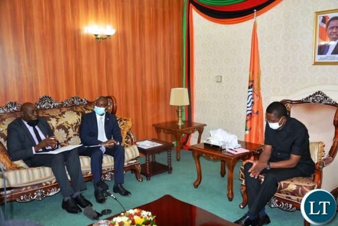President Edgar lungu speaking when Zambia chambers of commerce and industry chairperson Chabuka kabwesha with his vice Pinalo Chifwanakeni and other ZACCI member paid a courtesy call on him at State House