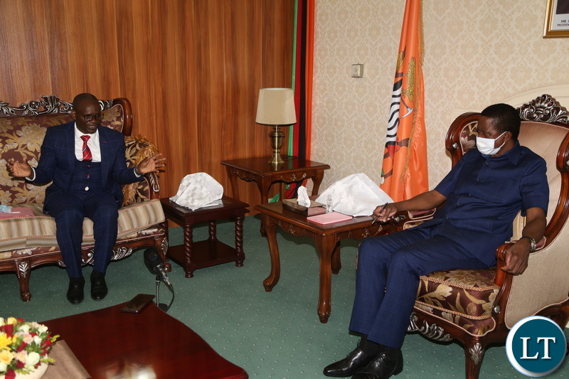 President Edgar Lungu listens to Basic Education Teachers Union of Zambia Secretary General Henry Sinkala (l) when he paid a courtesy call on him at State House yesterday