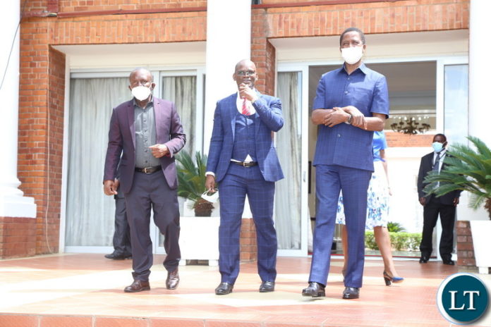 President Edgar Lungu with Basic Education Teachers Union of Zambia Secretary General Henry Sinkala (c)when he paid a courtesy call on him at State House yesterday President Edgar Lungu with Basic Education Teachers Union of Zambia Secretary General Henry Sinkala (c)when he paid a courtesy call on him at State House yesterday
