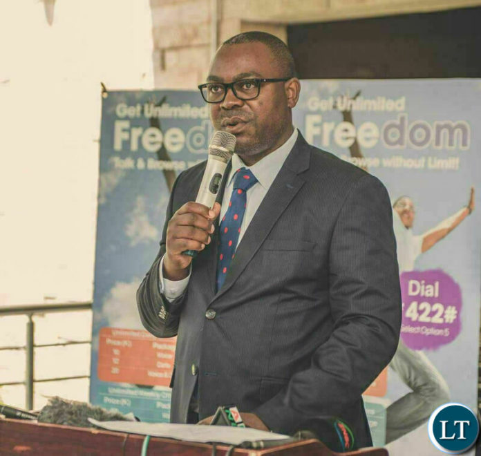 Transport and Communications Mutotwe Kafwaya speaking during the launch of Unlimited Freedom at Zamtel House on Friday morning.