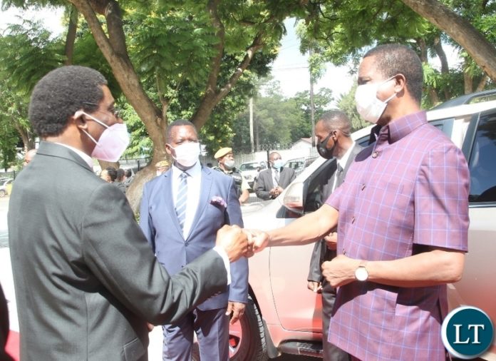 PRESIDENT Edgar Lungu is welcomed by Pentecostal Assemblies of God(PAOG), Newly Presiding Bishop ,Dr.David Banda during the installation of he as the presiding Bishop and unveiling presentation of full council of bishops in Lusaka. PRESIDENT Edgar Lungu is welcomed by Pentecostal Assemblies of God(PAOG), Newly Presiding Bishop ,Dr.David Banda during the installation of he as the presiding Bishop and unveiling presentation of full council of bishops in Lusaka.