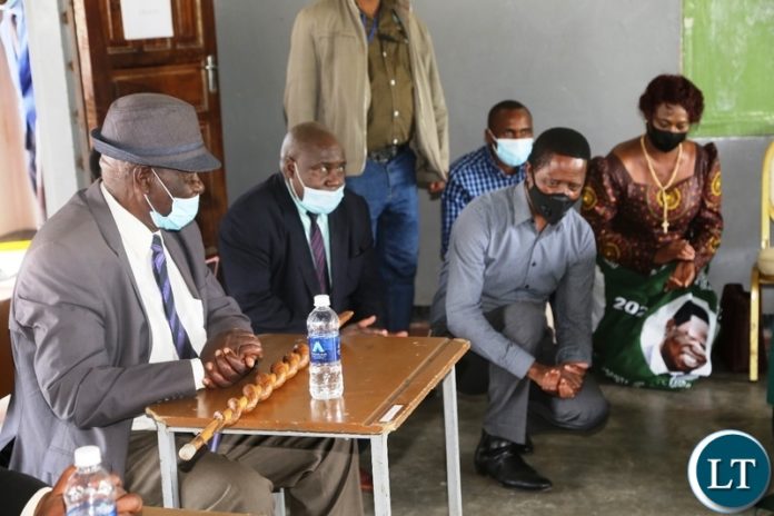 President Edgar Lungu greets chief Moonze during his working visit in Bweengwa.