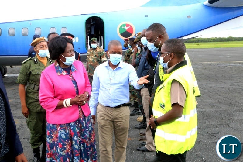 Vice President Inonge Wina being welcomed by Central Province Minister Sydney Mushanga on her arrival in Mumbwa shortly before accessing the flood situation in Mumbwa. yesterday. Saturday, January 02, 2021. Picture by ROYD SIBAJENE/ZANIS