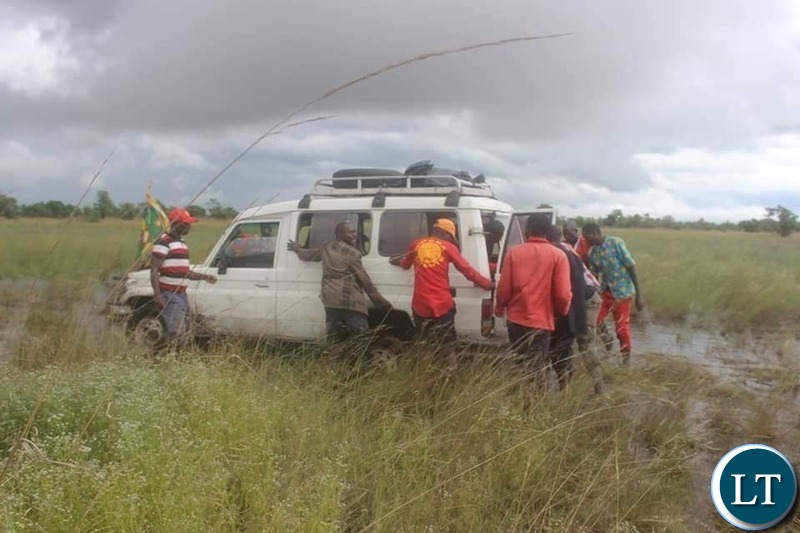 Former Minister of Finance Situmbeko Musokotwane campaining team endures the challenging terrain of Liuwa Constituency in Luola Ward Local Government Election in Western Province