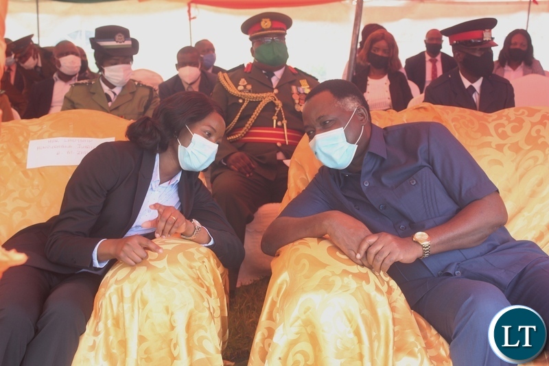 Western Province Minister Richard Kapita (r) confers with Her Ladyship Hon. Lady Justice Etambuyu Zimba (l) during the 2021 Ceremonial Opening of the High Court Sessions Holden at Mongu in Western Province