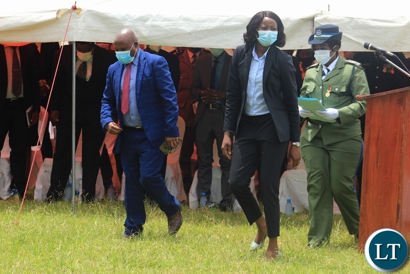 Her Ladyship Hon. Lady Justice Etambuyu Zimba (c) with Principal Resident Magistrate Greenwell Malumani (l) leaving the arena shortly after officially opening the 2021 High Court Sessions Holden at Mongu in Western Province
