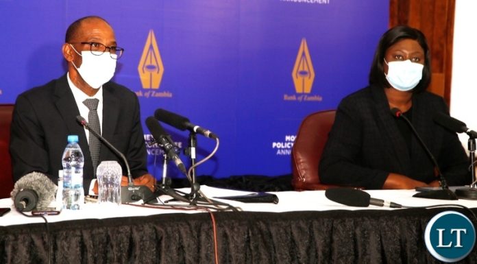 Bank of Zambia Governor Christopher Mvunga (middle) addresses the media and members of the public on the monetary policy adjustment upwards from eight percent (8%) to 8.5% due to escalation in inflationary pressures. Picture by SUNDAY BWALYA/ZANIS Bank of Zambia Governor Christopher Mvunga (middle) addresses the media and members of the public on the monetary policy adjustment upwards from eight percent (8%) to 8.5% due to escalation in inflationary pressures. Picture by SUNDAY BWALYA/ZANIS