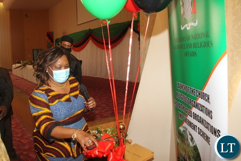 National Guidance and Religious Affairs Minister Rev Godfredah Sumaili speaking during the launch of an Empowerment Scheme for Churches,Religious and Faith Based organisations at Government Complex