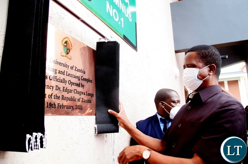President Edgar Lungu unveils the plaque  during the commissioning of the new teaching and learning complex lecture theatre building at UNZA today.Picture by SUNDAY BWALYA/ZANIS