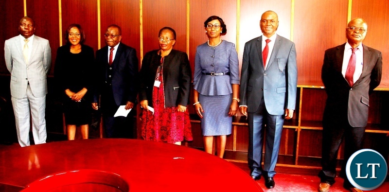Chief Justice Ireen Mambilima (fourth from left) poses for the picture with newly appointed Police Public Commission board members after swearing in at the high Court. Picture by SUNDAY BWALYA/ZANIS