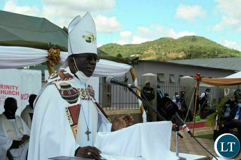 ARCHBISHOP of Central Africa, Albert Chama, speaking during the commissioning of the John Osmas Anglican church building in Chipata yesterday. PICTURE BY STEPHEN MUKOBEKO/ZANIS