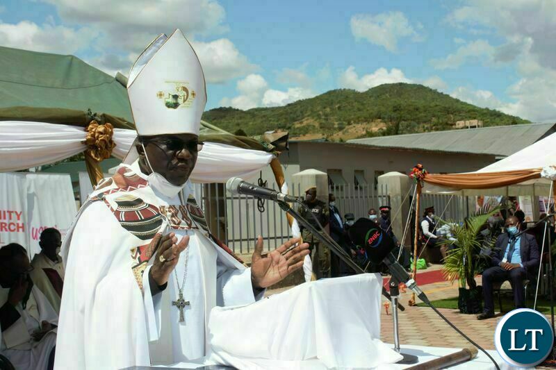 ARCHBISHOP of Central Africa, Albert Chama, speaking during the commissioning of the John Osmas Anglican church building in Chipata yesterday. PICTURE BY STEPHEN MUKOBEKO/ZANIS