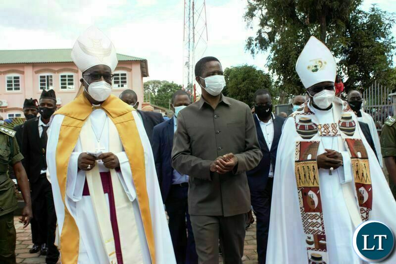 PRESIDENT Edgar Lungu, Anglican Archbishop of Central Africa, Albert Chama ( r) and Anglican Bishop of Eastern Zambia, William Mchombo, after the commissioning of the John Osmas church building in Chipata yesterday. PICTURE BY STEPHEN MUKOBEKO/ZANIS