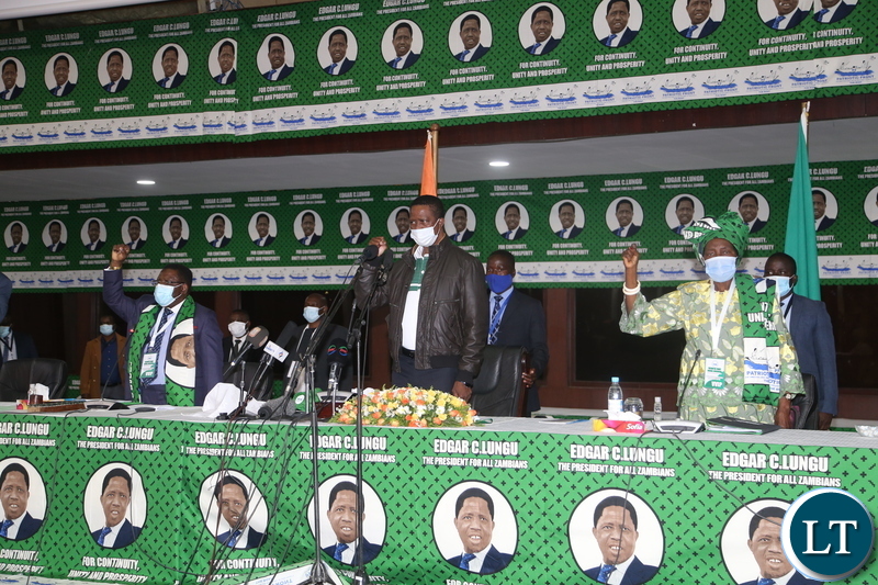 PF General Secretary Davis Mwila (r) during the Patriotic Front General Conference at Mulungushi Conference Center yesterday. April 10, 2021. Picture by ROYD SIBAJENE/ZANIS