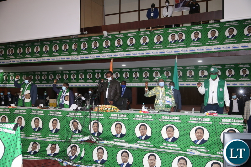 President Edgar Lungu with Vice President Inonge Wina (2nr) and PF National Chairman Samuel Mukupa (2nl) Davis Chama (l) and PF General Secretary Davis Mwila (r) during the Patriotic Front General Conference at Mulungushi Conference Center yesterday. April 10, 2021. Picture by ROYD SIBAJENE/ZANIS