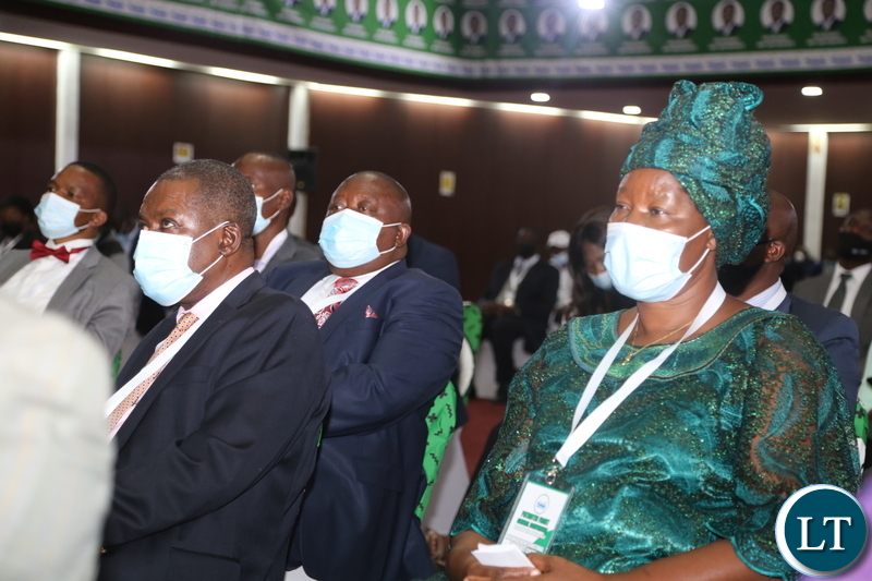 Opposition FDD leader Edith Nawakwi and Winter Kabimba following procedings during the Patriotic Front General Conference at Mulungushi Conference Center yesterday. April 10, 2021. Picture by ROYD SIBAJENE/ZANIS