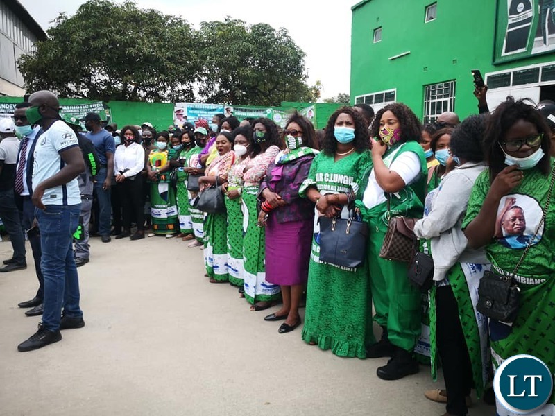PF Women Line up to Welcome President Lungu when he turned up to file his nomination