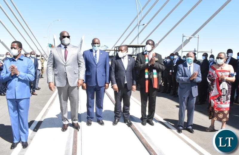 Heads of state pose for a grop picture shortly after official opening of Kazungula Bridge