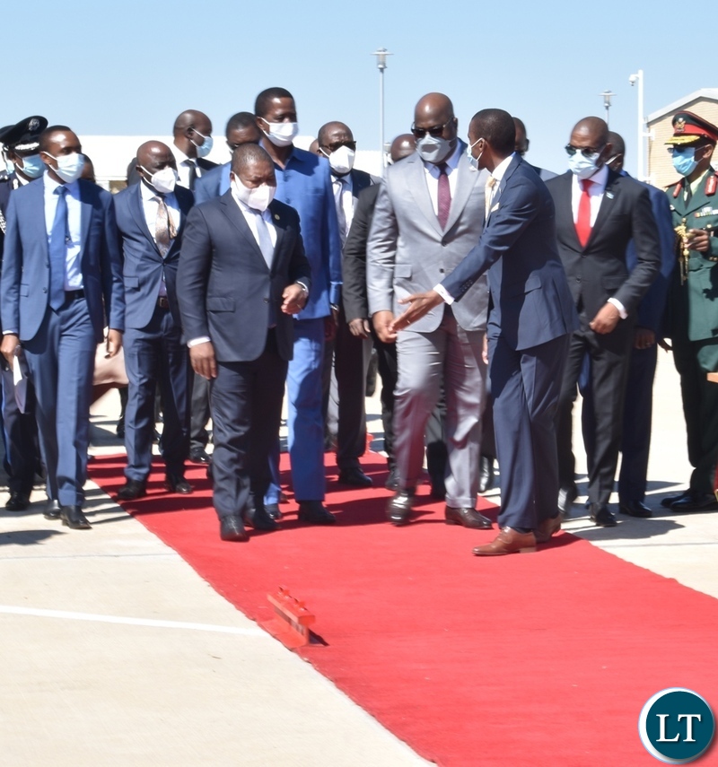 Mozambican President Filipe Nyusi President Edgar Lungu and DRC President Felix Tshisekedi arriving at the opening of Kazungula bridge in Kasane